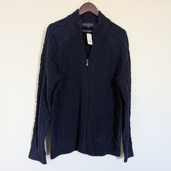 NWT Brooks Brothers Men's Merino Wool Blend Zip Up Cable Knit Sweater Navy XL - Picture 2 of 11